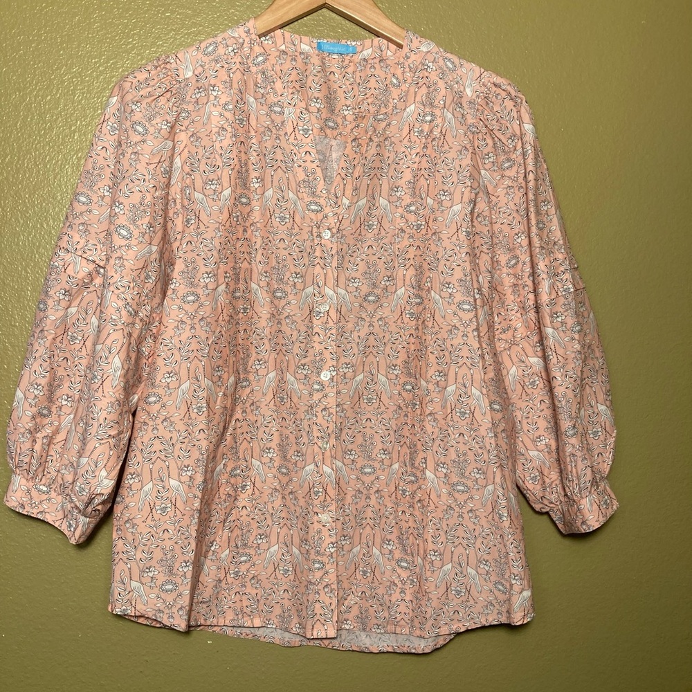 J McLaughlin heron bird silk blend button down v-neck puff sleeve
